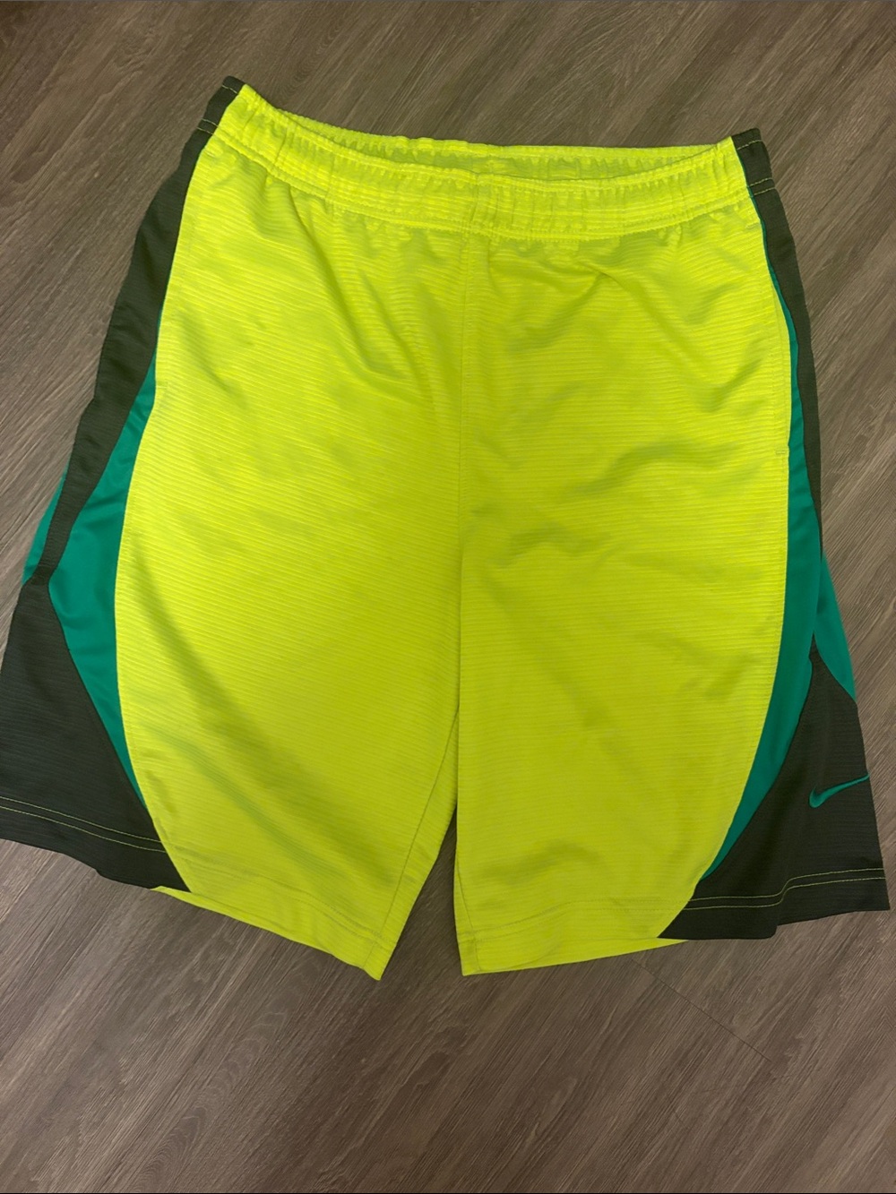 Nike Men’s Neon Yellow Athletic Shorts with Teal & Black Panels